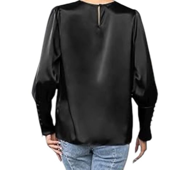 CHIGANT SZ Large Black Satin Blouse Puff French Cuff Sleeves Modest Elegant Chic - Picture 3 of 11